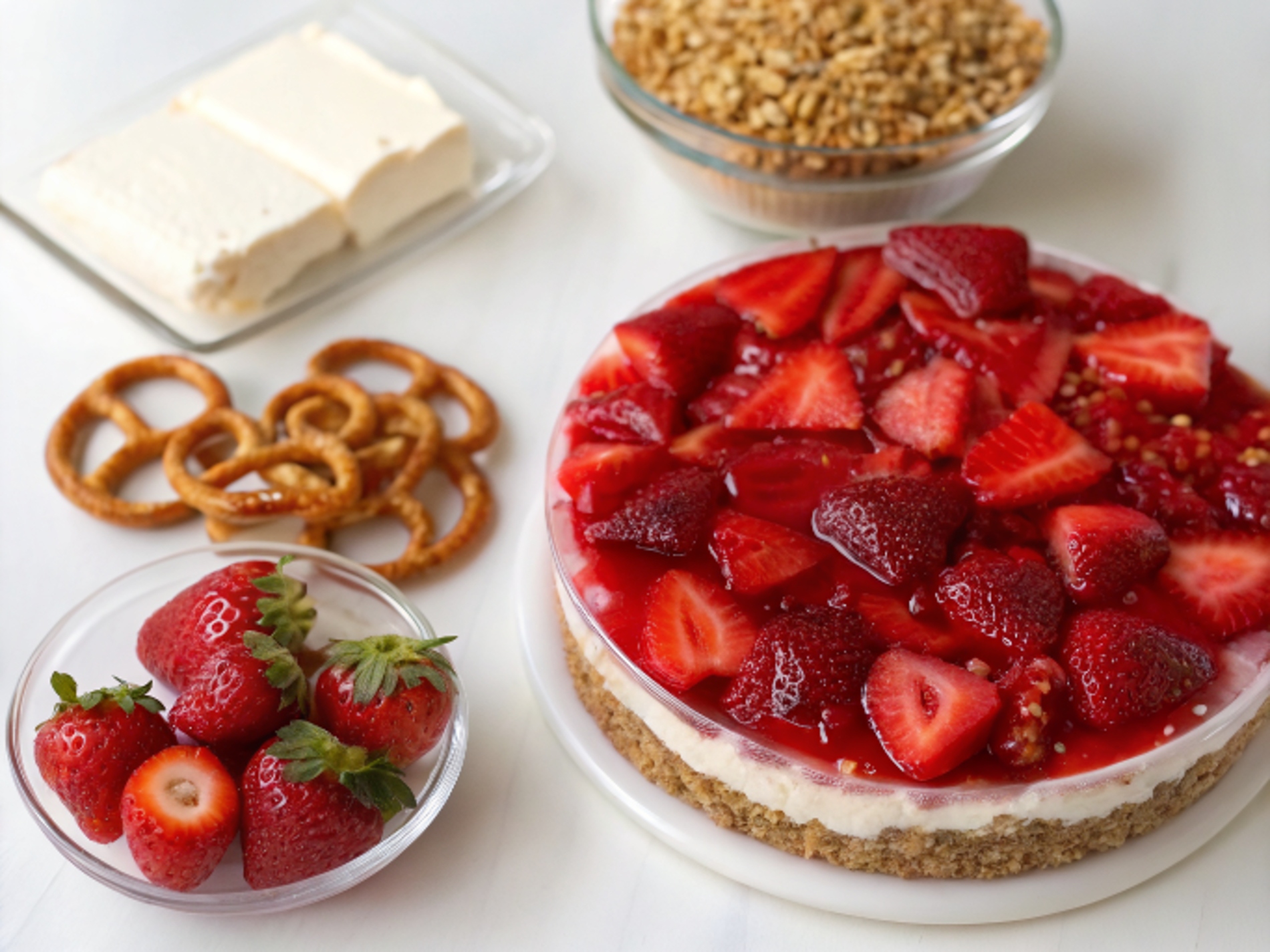Ingredients for Judy’s Strawberry Pretzel Salad: pretzels, cream cheese, sugar, gelatin, and strawberries