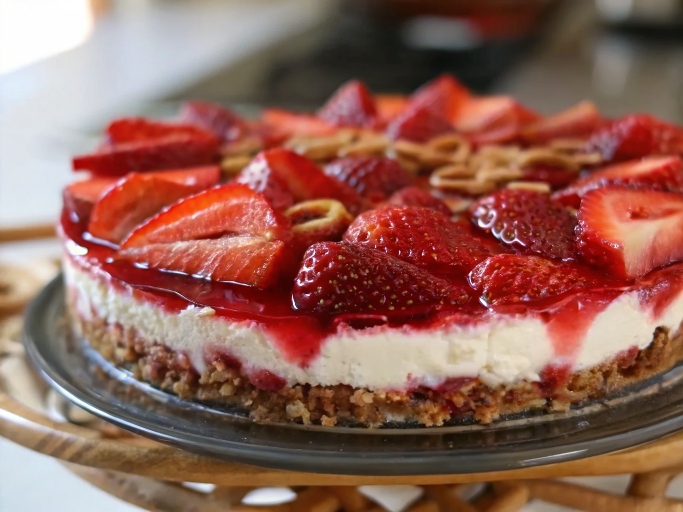 udy’s Strawberry Pretzel Salad with pretzel crust, creamy filling, and strawberry gelatin topping