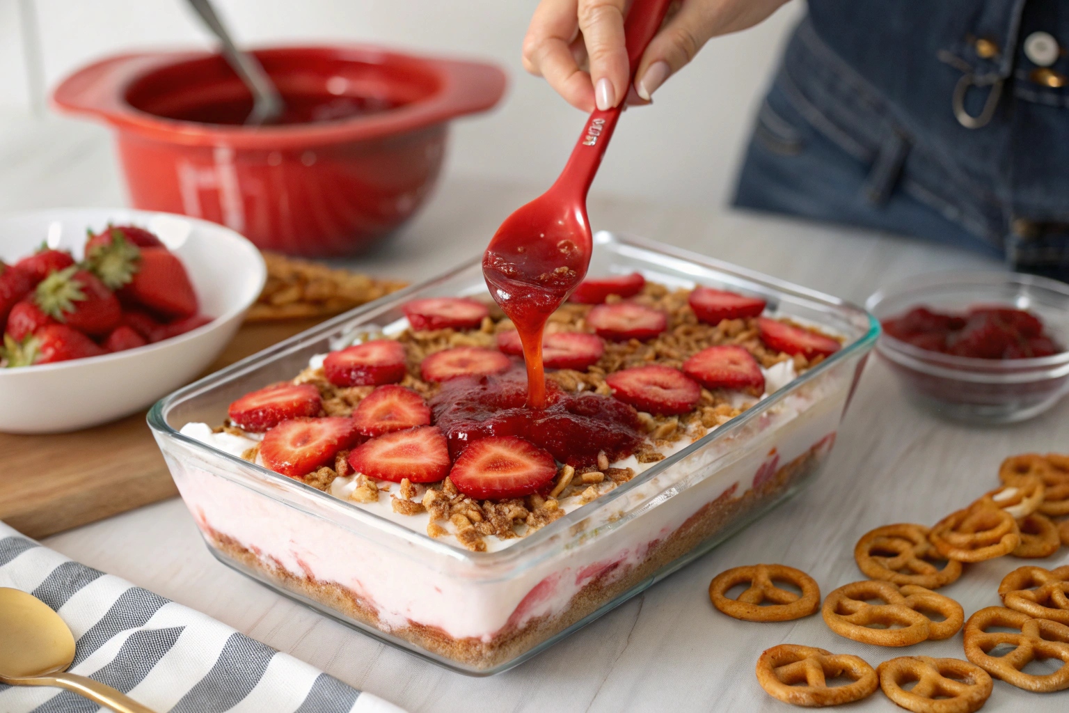 Adding strawberry gelatin topping to Strawberry Pretzel Salad