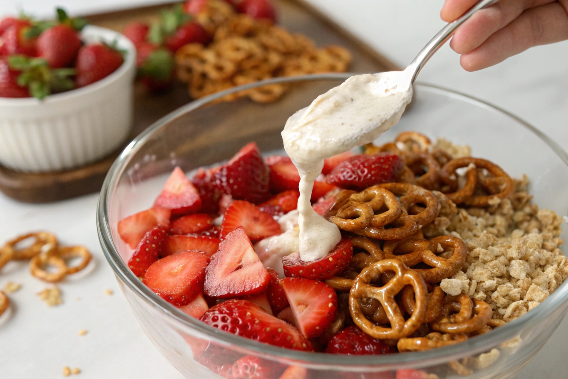 Adding the creamy layer to Strawberry Pretzel Salad