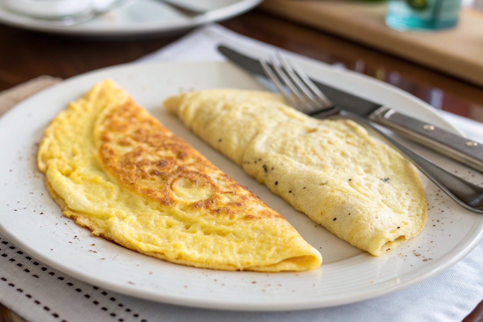 Comparison image: perfect golden omelet vs. dry, overcooked omelet