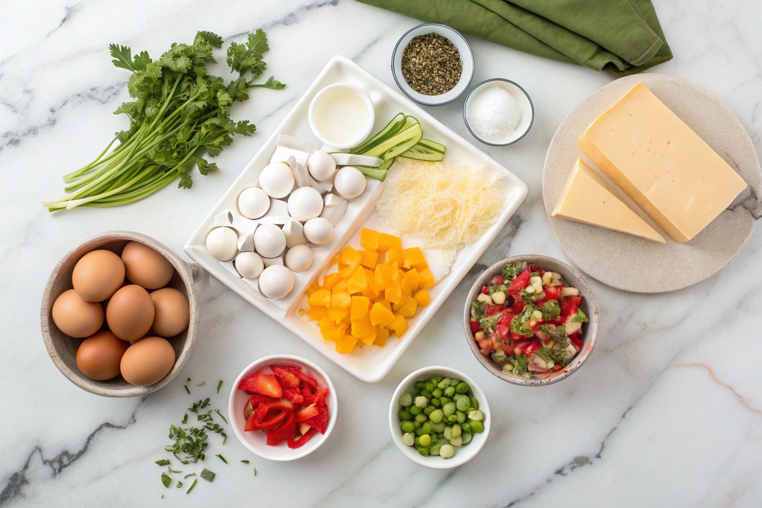 Overhead shot of fresh omelet ingredients: eggs, colorful veggies, cheese, and herbs arranged on marble counter."