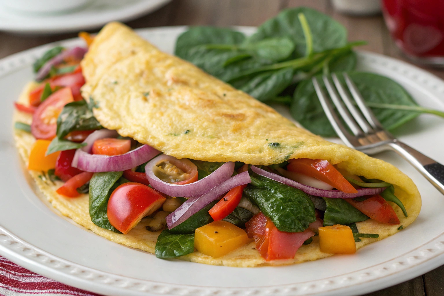 Fluffy vegetable omelet with peppers, mushrooms and spinach.